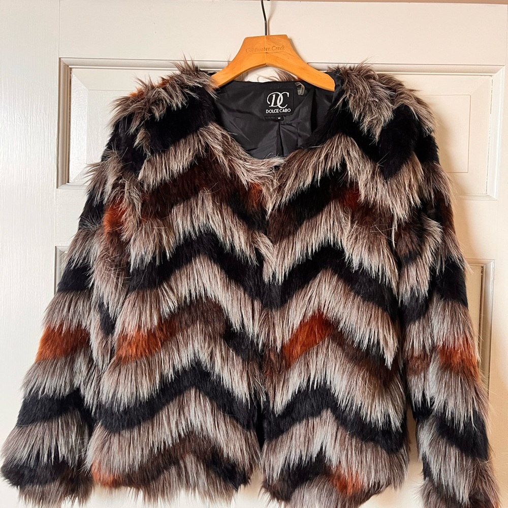 Dolce Cabo Women's Faux Fur Chevron Jacket - Black, Gray, Rust